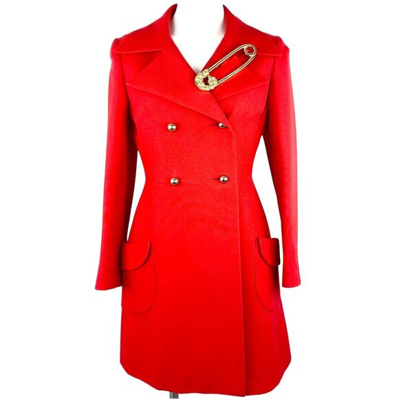 Vintage DEJAC PARIS Red Poplin Double Breasted Coat L + Betsey Johnson Pin - Picture 3 of 16